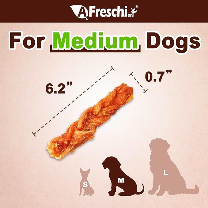 Afreschi Turkey Tendon Dog Treats, 8 oz Braid (for Medium Breeds), USA-Sourced Turkey Tendon, All Natural Puppy Chew, Hypoallergenic, Rawhide Alternative