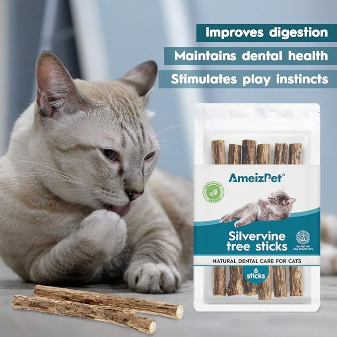 Catnip Sticks for Cats, Cat Dental Chew Sticks - Natural Matatabi Cats Dental Care, Silvervine Cat Teeth Cleaning (6 pcs)