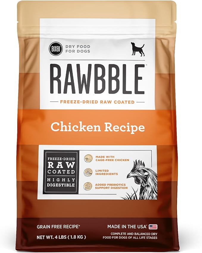 BIXBI Rawbble Dry Dog Food, Chicken, 4 lbs - USA Made with Fresh Meat - No Meat Meal & No Corn, Soy or Wheat - Freeze Dried Raw Coated Dog Food - Minimally Processed for Superior Digestibility