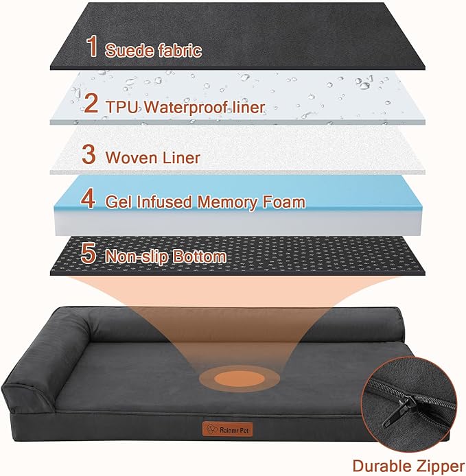 Chew Proof Dog Bed, 3" Memory Foam Dog Bed for Medium and Large Dogs, Removable and Washable Microsuede Cover, Waterproof Liner, Nonskid Bottom, 41x27 Inches XL Dark Grey