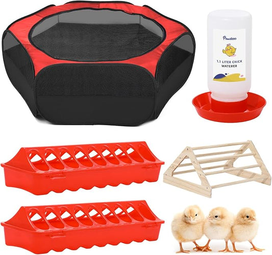 Pawaboo 5-in-1 Chicken Brooder Box for Chick Starter Kit, Includes Pet Cage Tent, Chicks Perch, Chicks Feeder, 1.1L Chick Waterer, Baby Chicken Supplies (Brooder Set), Red+Black
