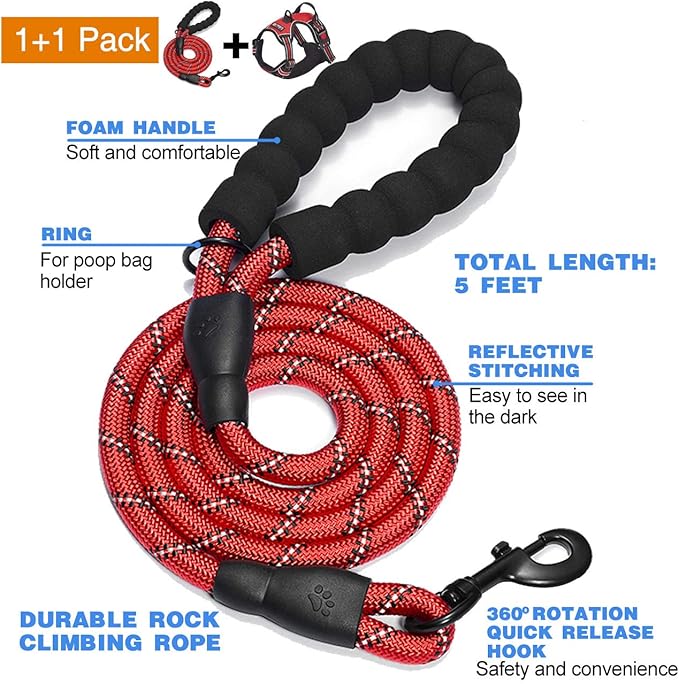 No Pull Dog Harness Adjustable Reflective Oxford Easy Control Medium Large Dog Harness with A Free Heavy Duty 5ft Dog Leash (S (Chest: 17.5"-21"), Red Harness+Leash)
