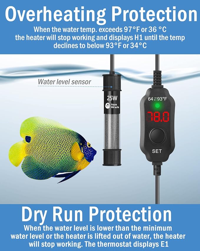 AquaMiracle Adjustable 25W Aquarium Heater Submersible Fish Tank Heater Super Short Aquarium Heater with LED Digital Display Thermostat, for Tanks 3-5 Gallons