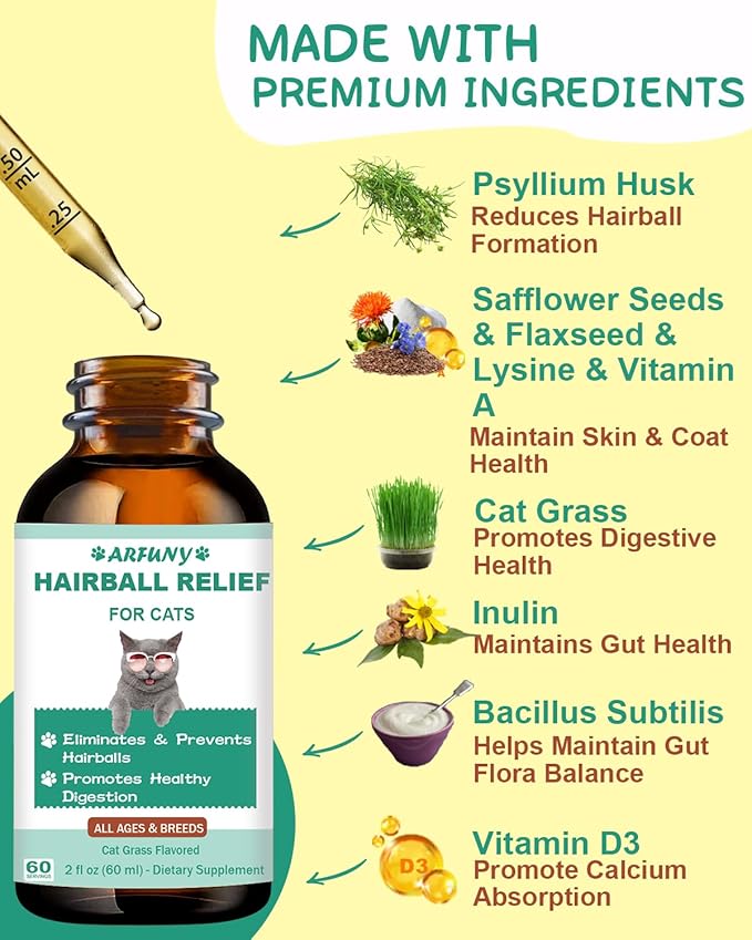 Hairball Treatment for Cats - Cat Hairball Remedy - with Natural Ingredients & Vitamins - Kitten Furball Treatment - Supports Skin & Coat, Digestion - Cat Grass Flavor