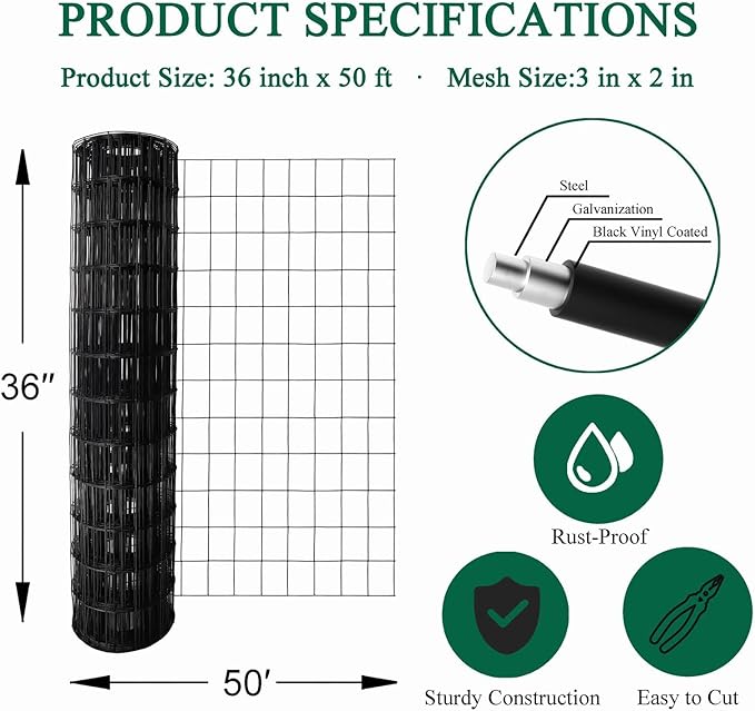 Black PVC Coated Welded Wire Fence 36 Inch x 50 Foot, 2 Inch x 3 Inch 16GA, Garden Border Fencing Roll Vinyl Coating Metal Wire Mesh for Yard Vegetable Plant Protection Poultry Netting