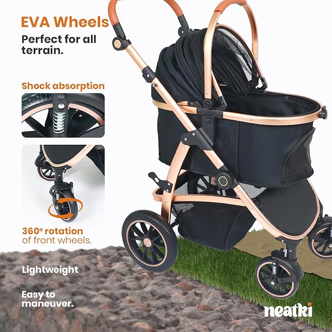 3 in 1 Pet Stroller - Stroller for Small to Medium Dogs and Cats up to 55 lbs, with Detachable Carrier/Car Seat, Foldable and Lightweight, Detachable Cushion + Cup Holder (Black/Gold)