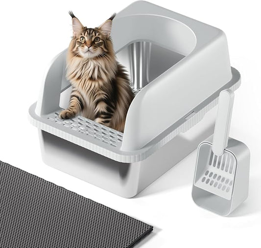 Stainless Steel Cat Litter Box with Lid, 20" L x 14.2" W x11.8 H, Large Cat Litter Box for Multiple Cats with High Sided, No-Leak & Stick, Easy to Clean, Includes Litter Mat & Multi Functional Scoop