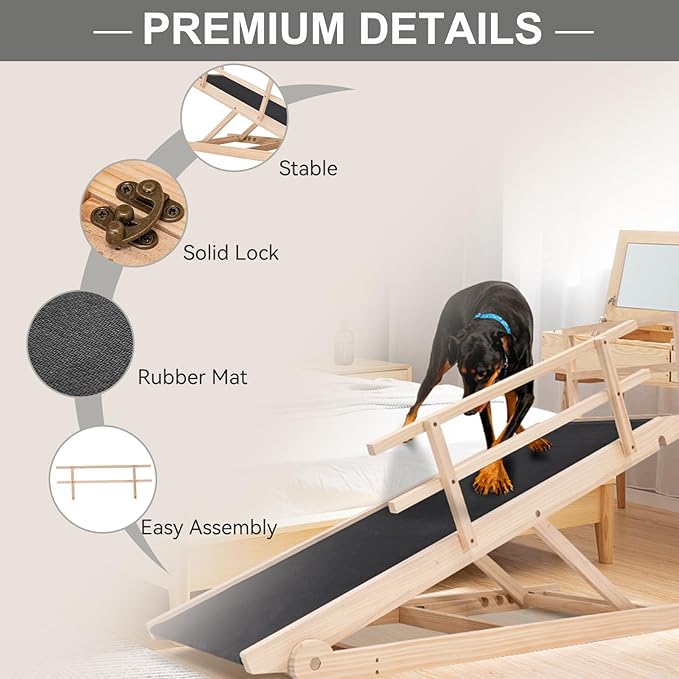 ABORON Folding Wooden Extra Long Dog Ramp, Non-Slip Rubber Mat, 63" Long for High Bed/Couch/Car, 5 Levels Adjustable Pet Ramp, 17.7'' Wide, Supports Small & Large Senior Dogs & Cats up to 200 lbs