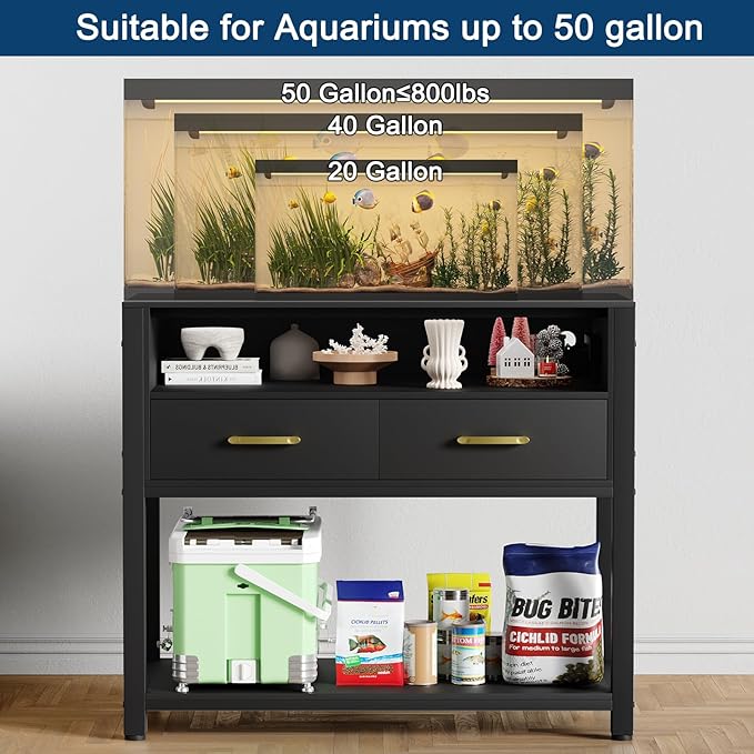 40-50 Gallon Fish Tank Stand with Power Outlet & 2 Storage Drawers, Heavy Duty Metal Frame Aquarium Stand with Waterproof Mat, 36.6" L*19.1" W Tabletop, 800LBS Capacity, Black