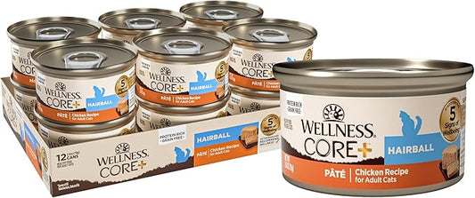 Wellness CORE+ Hairball Pate Adult Wet Cat Food, Natural, Protein-Rich, Grain Free, 2.8 Ounce, 12 Pack (Chicken)