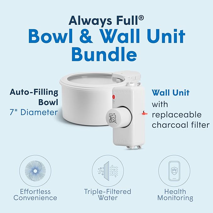 Always Full® 9" Pet Water Bowl and Wall Unit Bundle – Self-Refilling, Clean Filtered Water, Easy Home Connection, App-Enabled Hydration Tracking, Cat and Dog Water Bowls