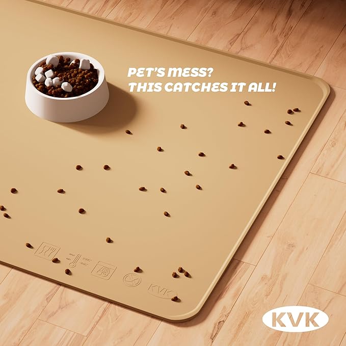 KVK Extra Extra Large Silicone Dog Food Mat 39.4×43.3in and 128oz Silicone Bag Set, Super Size Waterproof Pet Feeding Mat & Container, Non-Slip, Chew-Resistant Floor Protection (Taupe&Orange)