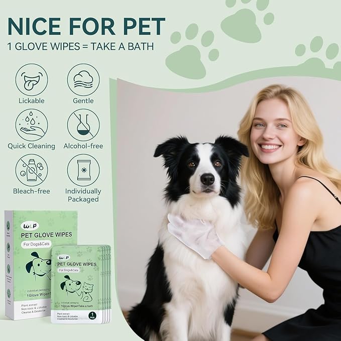 WLP Cleaning & Deodorizing Glove Bath Wipes for Dogs and Cats, Hypoallergenic Nourish Fur Aloe Extract Jojoba Oil Pet Grooming Wipes for Daily and Travel (12 PCS)