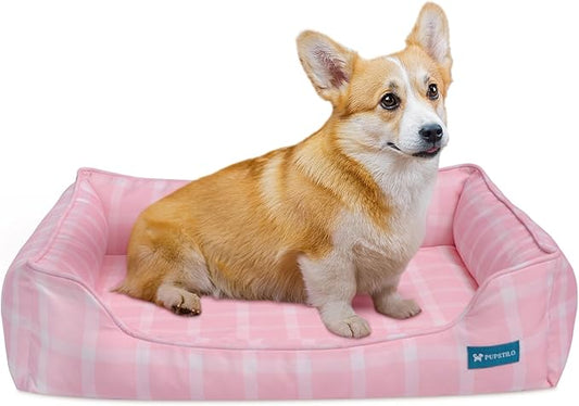 Orthopedic Bolster Dog Bed – CertiPUR-US Foam, Recycled Polyester Canvas, Washable Cover, Anti-Slip Bottom, Small, Pink Check – Stylish Designer Dog Sofa
