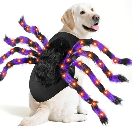 Camlinbo 24 LED Spider Dog Halloween Costume for Small Medium Large Dogs, Furry Spider with LED Lights Puppy Pet Costume Outfits Clothes Funny Halloween Costume Party Cosplay