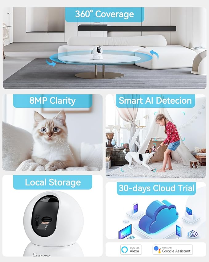 blurams Pet Camera 4K, 8MP Indoor Cameras for Home Security with One-Touch Call, Color Night Vision, Motion Tracking, 5GHz/2.4GHz Wi-Fi, Cloud & SD Card Storage, Wi-Fi 6