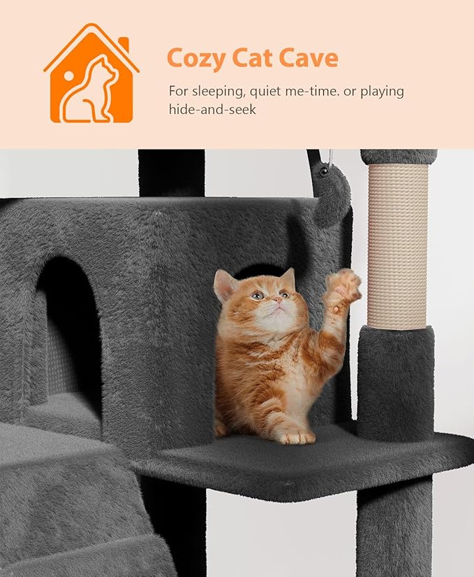 54" Cat Tree Tower for Indoor Cats Large Adult,Cute/Tall Modern Cat Tree for Big Cats 20 lbs, Plush Multi-Level Cat Condo with Scratching Posts,Hammock, Dangling Ball (Smoky Gray, 54 inch)