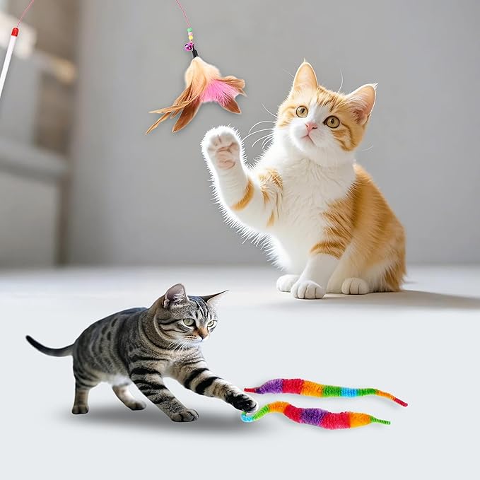 21-Piece Cat Toys Set, Interactive Tunnel, Balls, Mice, Feather Wands, Catnip Toys(Rainbow Cat Tunnel)