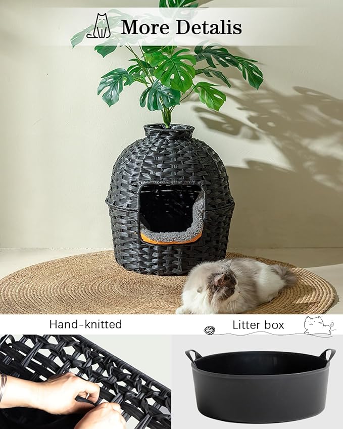 Cat Litter Box Plant Furniture Enclosure, Hidden Handwoven Rattan with Cat Litter Box and Artificial Plants, Odor Control Filter, Real Stones in Living Room, Bedroom, Corner (Black)
