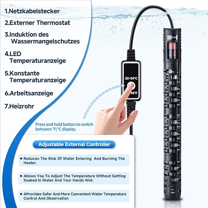 Aquarium Heater Submersible Fish Tank 100W& Turtle Tank Heater with External Adjustment Controller, Included Thermometer, LED Display, Overheat Protection, Detachable Cover, for Saltwater&Freshwater