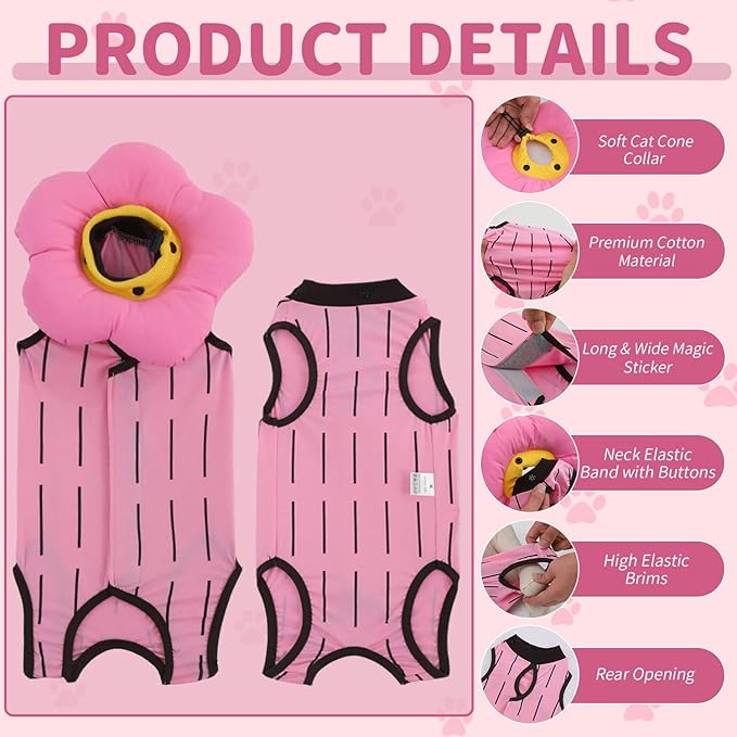 EMUST 2-in-1 Cat Recovery Suit & Cone Collar - Cute Surgical Suit for Abdominal Wounds, Adjustable Soft Flower Collar - Cat Onesie After Surgery, 4-8lb (Pink, M)