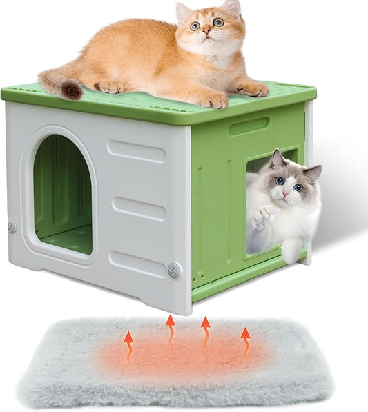 Rockever Plastic Cat House Outdoor with Escape Door, Waterproof Feral Cat House Outdoor Indoor, Sturdy Cat House for Outdoor Cats with Cat Bed Mat, Assemble Easily-Green