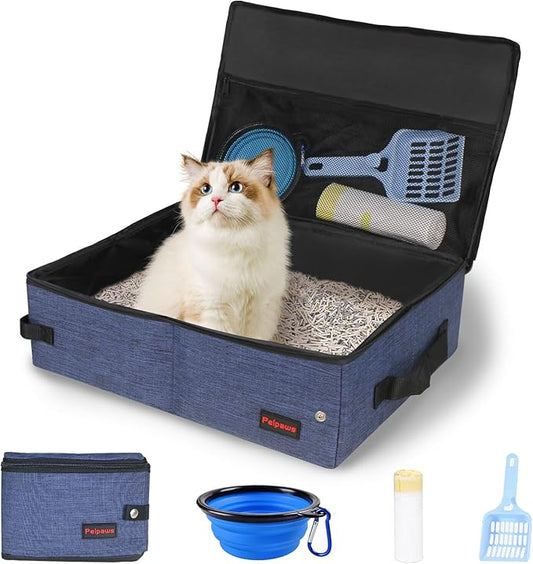 Portable Cat Travel Litter Box. Zipped Lid, Collapsible Litter Box for Cats. No Leakage, No Smell. Easy to Carry. Used for Hotels, Camping, Car (Blue,M)