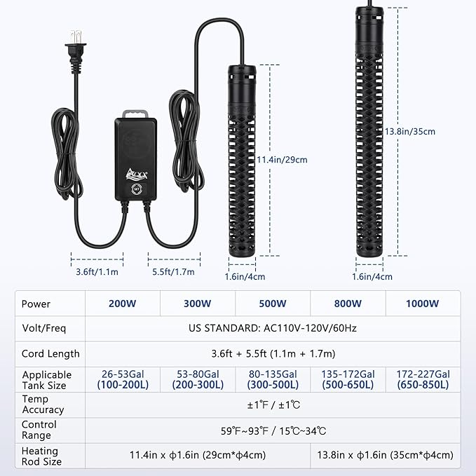 AQQA Aquarium Heater,Submersible Fish Tank Heater 59-93°F/15-34°C External Controller,Rapid Heating,Ultra-high Temperature Protection,Automatic Power-Off When Leaving Water (800W for 135-172 Gallon)