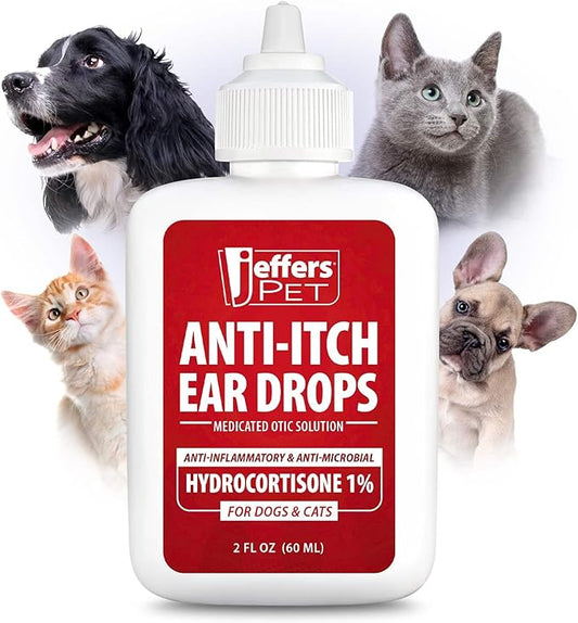 Jeffers Pet Ear Drops for Dogs & Cats – Ear Cleaner with Hydrocortisone – Dropper for Odor, Wax & Itchy Ears – Safe for Routine Use – Home Ear Care, Summer Grooming – 2 fl oz
