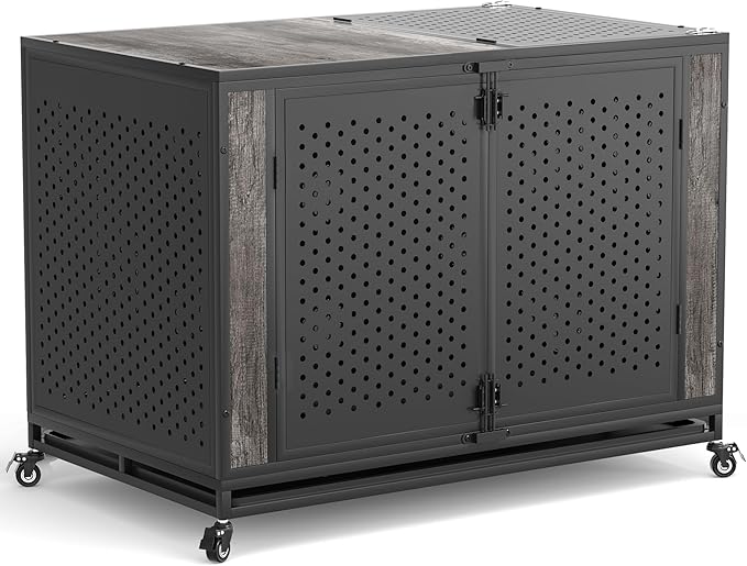 48" Heavy Duty Dog Crate Furniture for Extra Large Dogs, Enclosed Design with 0.5 inch Holes, Indestructible Metal Kennel for High Anxiety Dogs, Chew Proof Pet House Cage Indoor, Gray