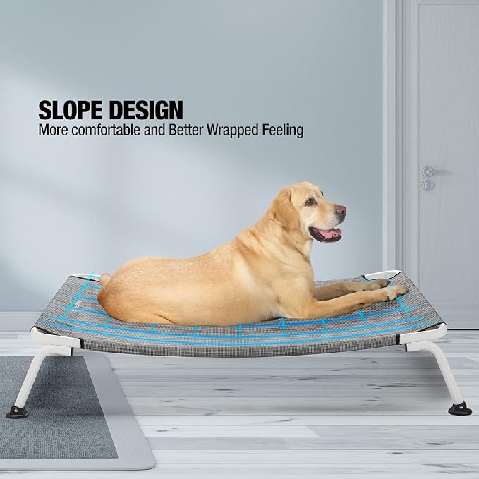 Veehoo Elevated Dog Bed for Outdoor, Cooling Waterproof Raised Dog Cots Beds XL, Curved Off Ground Pet Hammock Cot Lifted for Outside, up to 150lbs, White Legs, Black Silver 49"