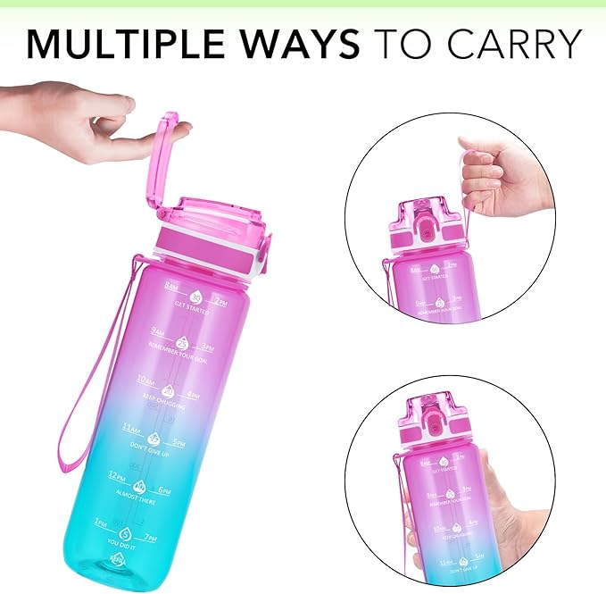 32oz Motivational Water Bottles with Time Marker & Fruit Strainer, Transparent Gradient Color Water Bottle with Times to Drink, Leakproof & BPA Free, Reusable Bottle with Strap (No Straw)