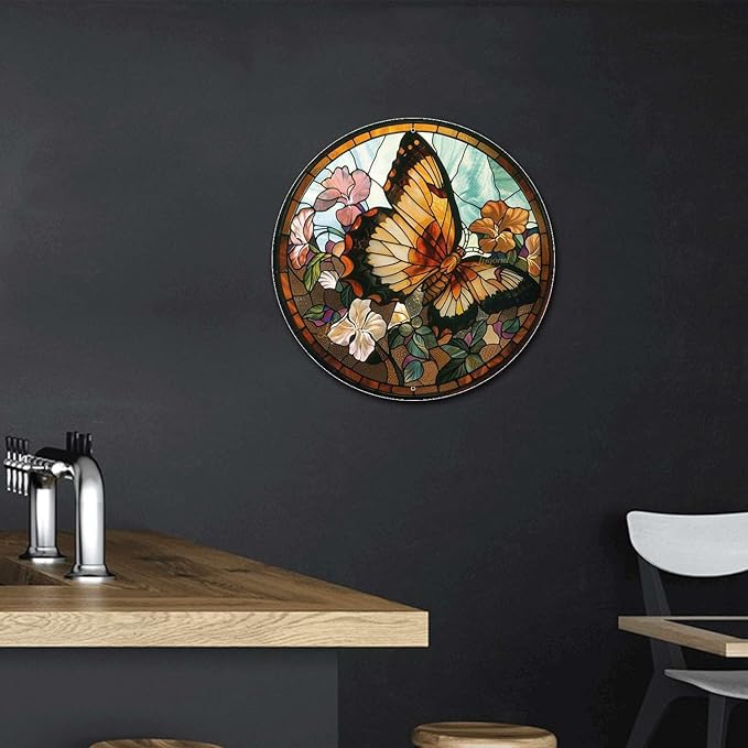 Lygond Metal Sign Tin Sign Circular Stained Glass Butterfly Inspirational Wall Art for Garage 12×12 Inches