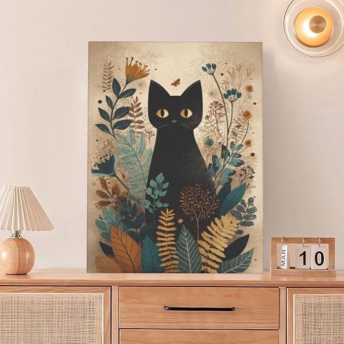 Boho Black Cat Wall Art Kitten Botanical Wall Decor Mid Century Modern Canvas Painting Print Minimalist Pictures Artwork Framed Decorations Gifts for Cat Lover Bathroom Nursery Living Room Bedroom Kitchen 12"x16"