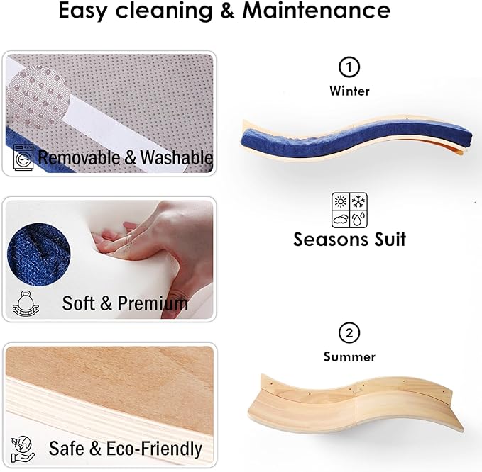 Cat Wall Shelves for Large Cats - Wall Mounted Furniture with Comfortable Cushion, Perfect Perch and Bed for Multi-Cat Households - 35 inch Wavy Shelf for Climbing, Playing, Resting, and Lounging