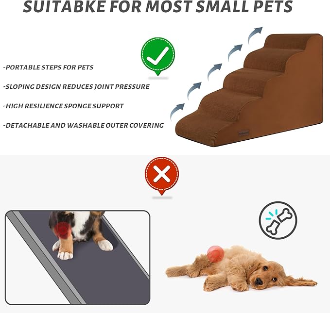 5-Step Dog Stairs and Ramp for High Bed,Non-Slip Sturdy Pet Steps for Small Dogs and Cats,22.2" H,Brown