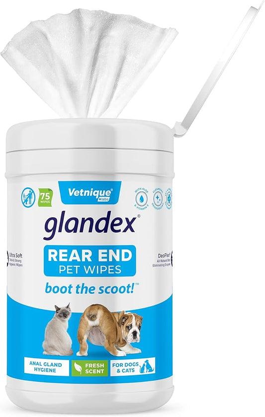 Vetnique Labs Glandex Dog Wipes for Pets Cleansing & Deodorizing Anal Gland Hygienic Dog & Cat Wipes with Vitamin E, Skin Conditioners and Aloe (75ct)