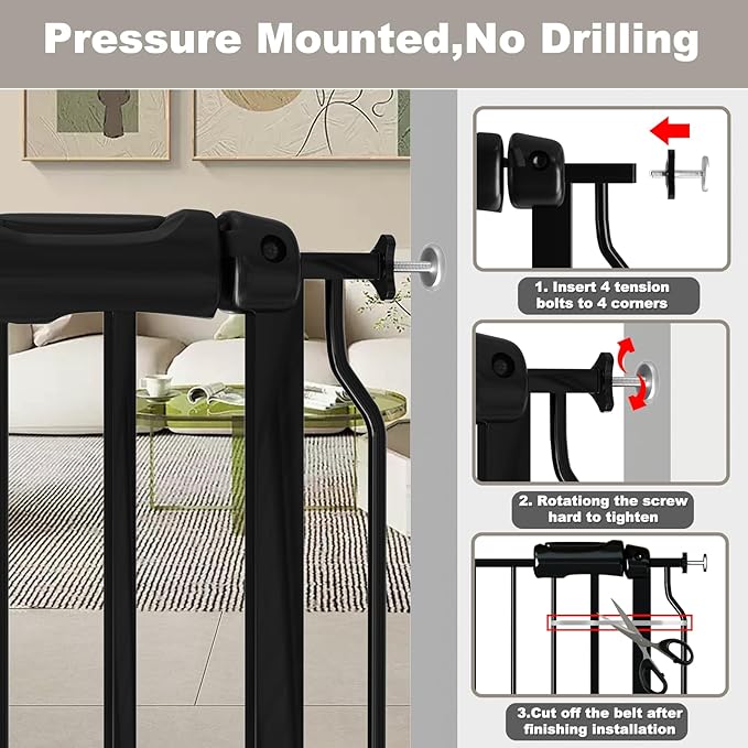 Fairy Baby Extra Wide Baby Gate Black 53-57.5 Inch Wide, Walk Through Pressure Mounted No Drill, Long and Large Tension Gate for Pet and Kids