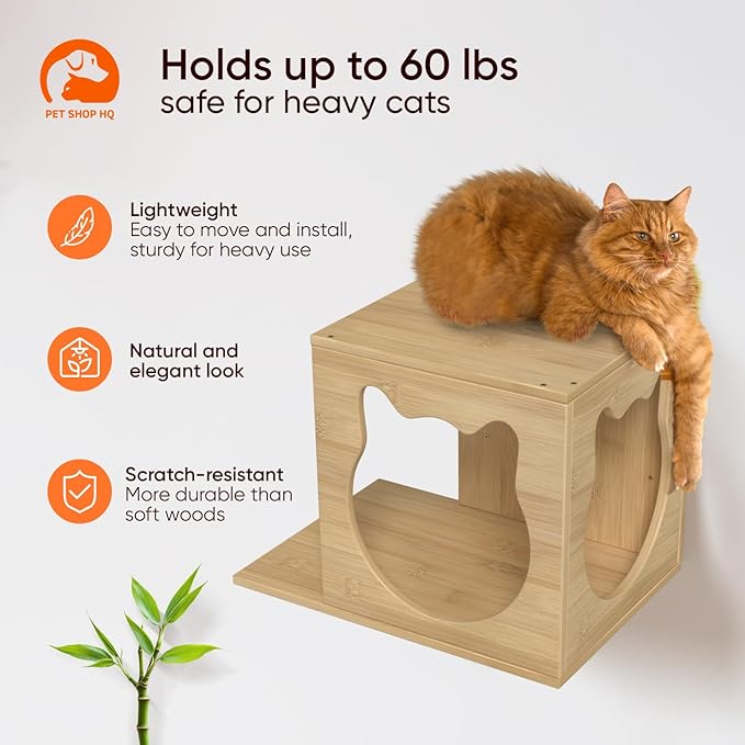 Cat Wall Furniture - Climbing Shelves, Ladders, Cat House, Hammock, Bed, Bridges, Walkways - Bamboo Material - Light Brown - Cat Furniture