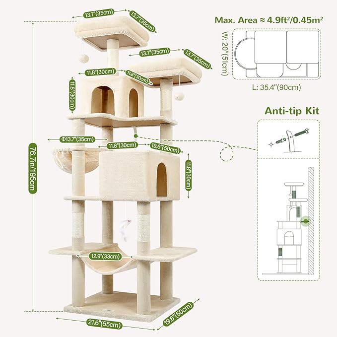 Globlazer Cat Tree Tower, 76-Inch Extra Tall Multi-Level Cat Furniture with Cozy Condos, Hammock and Perches for Adult Cats, Perfect for Climbing, Scratching, and Play, F76, Beige