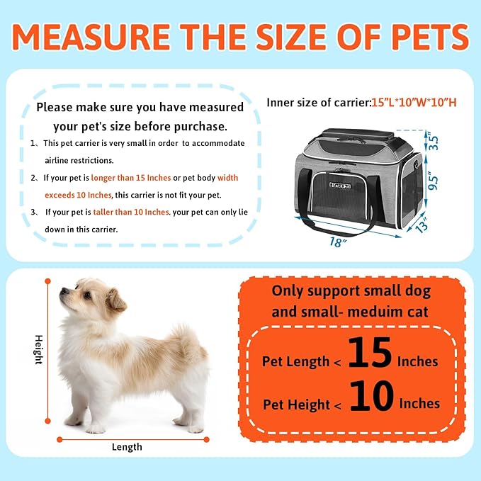 Petskd Top-Expandable Pet Carrier 18x13x9.5 Inches Southwest Airline Approved, Soft-Sided Carrier for Small Cats and Dogs with Locking Safety Zippers and Anti-Scratch Mesh(Grey)