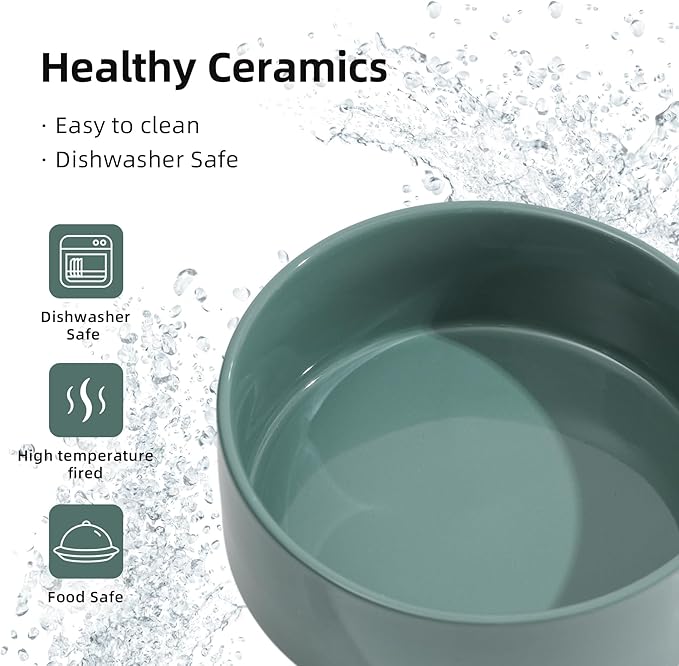 Ceramic Elevated Cat Food and Water Bowl, Kitty Bowl, Raised Cat Dish, Pet Feeder (5.1 in, 2 x Dark Green + Stand)