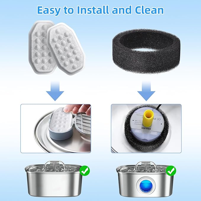 20 Pack Cat Water Fountain Filters-Cat Fountain Replacement Filters for Stainless Steel 3.2L/108oz Adjustable Water Flow Cat Fountain(10 Pack Pet Water Filter Refills+10 Pack Sponges)