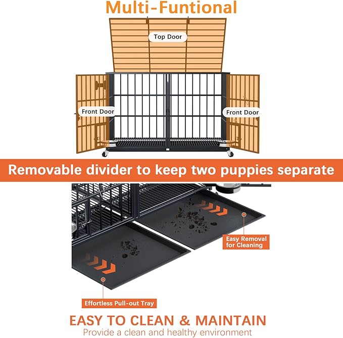 54 inch XL Dog Crate for Large Dog/Double Medium Dogs,Heavy Duty Metal Dog Cages,All Metal Open Top,Dog Kennel Indoor with Wheels,Floor Grid, Tray, Divider and Feeding Bowl