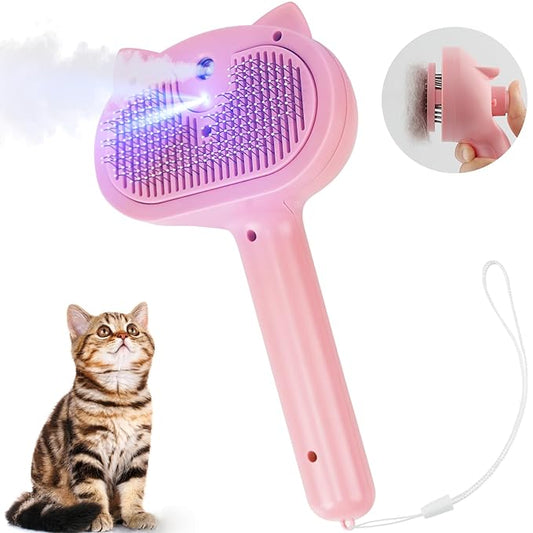 Cat Steam Brush for Shedding, 4 in 1 Steamy Cat Brush with Release Button, Self Cleaning Metal Pet Misting Hair Comb with Handle for Grooming Kitten Dog(Pink)