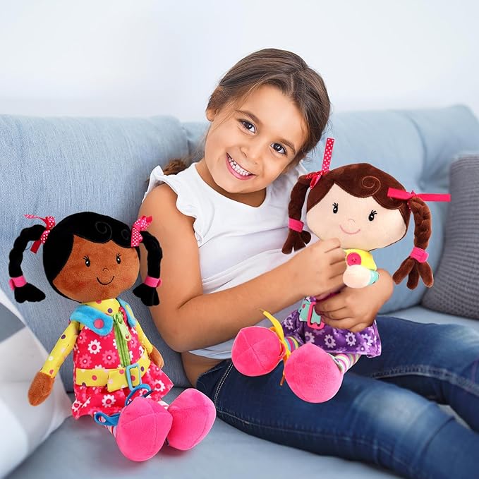 Sugar Snap Plush Doll for Toddlers Learn to Dress Montessori Toy - Dress Me Doll - Zipper, Snaps, Buttons, Buckle - Educational Toy for 2 3 Year Old Girl - Montessori Doll - 15" - Purple Dress
