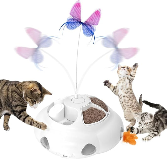 Interactive Cat Toys for Indoor Cats, 4in1 Pet Teaser Toy with Ambush Feather Wand, Motorized Fluttering Butterfly and Slow Feeder, Rechargeable Power Treat Puzzle Toys(White)