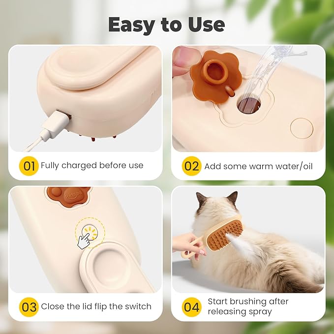 Cat Steam Brush for Shedding, 4 in 1 Rechargeable Steam Brush for Cats and Dogs, Anti-Static, Massage, flea comb for cats& Pet Removal Hair Glove,Shedding & Combing All In One!