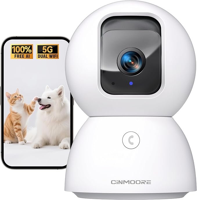 3K Pet/Dog/Cat Camera with Phone App, No-Subscription Local Person/Pet/Face Detection, 5G Security Camera Indoor, PTZ WiFi Cameras for Home Security, 0-Glow Night Vision, Full Duplex Audio