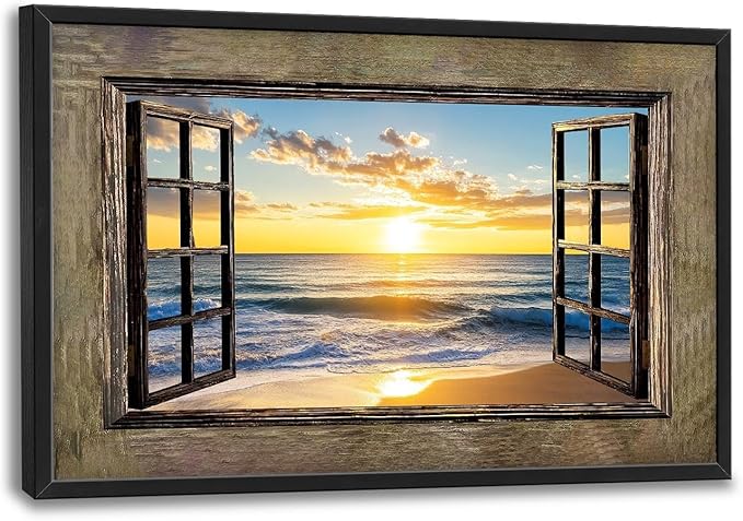 Beach Large Wall Art Sea Coastal Pictures Rustic Window Sunrise Wall Decor Canvas Print Painting Artwork for Bathroom Living Room Bedroom 36L" x 24W"